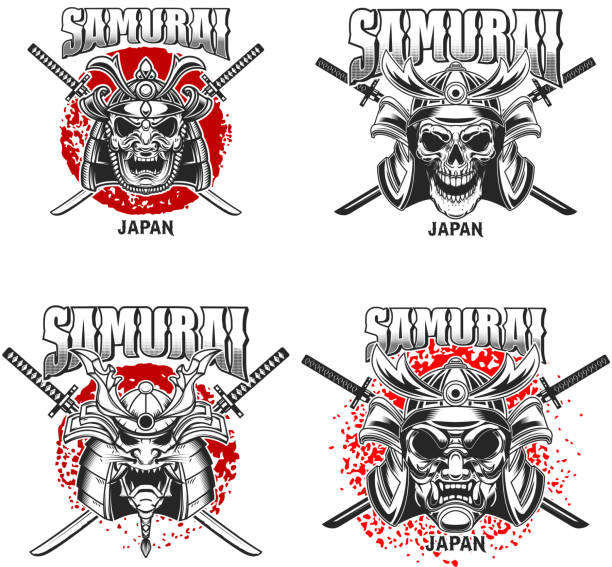 ilustrações, clipart, desenhos animados e ícones de modelo de brasão de armas com capacete samurai e katanas cruzados em fundo grunge. elemento de design para o rótulo, sinal, cartaz, t-shirt. - blade war traditional culture japanese culture