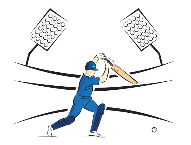 Vector illustration of Cricket Batsman Playing a Shot in a Stadium - Vector Illustration