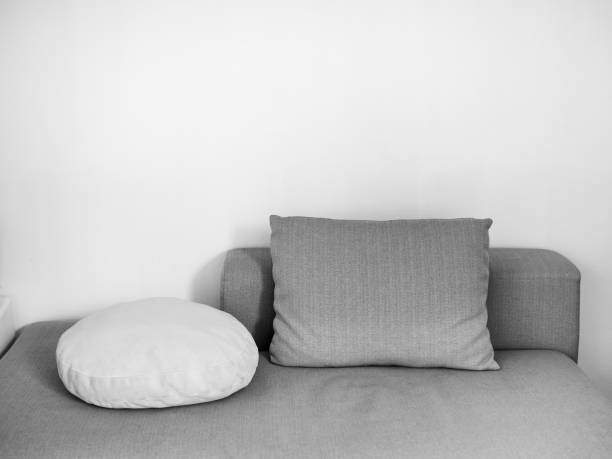 White and gray pillows on sofa on white wall background in cozy living room with copy space.
