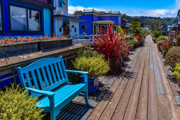 Colorful street in a houseboats community Colorful passage decorated with pot plants in a houseboats community in Sausalito, San Francisco bay, USA sausalito stock pictures, royalty-free photos & images