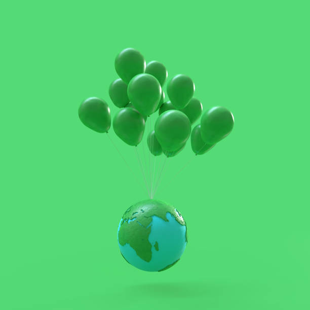 minimal idea concept. floating earth with green balloons - three dimensional shape continents bright blue imagens e fotografias de stock