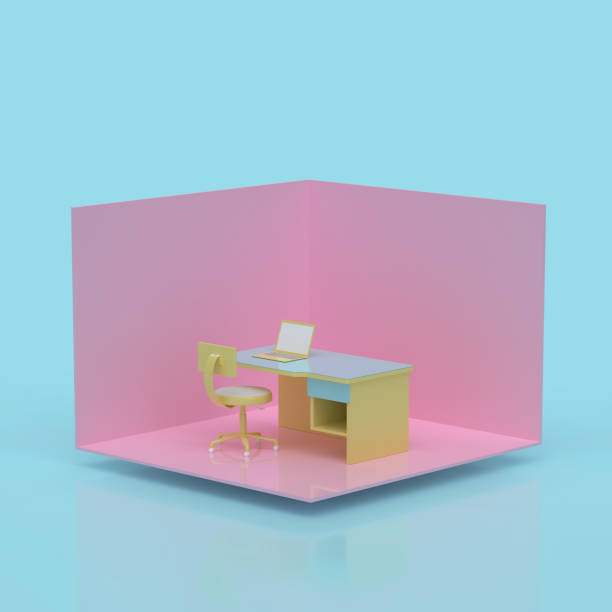 istock Work desk with laptop pink yellow and blue pastel color. 1088868196