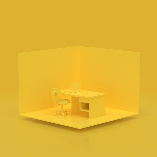 istock Minimal concept. Work desk with laptop yellow color 1088868230