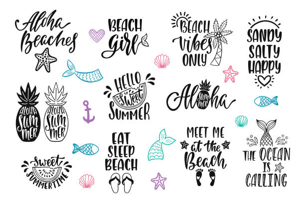 Hello summer, beach vibes, aloha. Set of inspirational quotes. Modern calligraphy phrases Hello summer, beach vibes, aloha. Set of inspirational quotes. Modern calligraphy phrases with hand drawn watermelon, pineapple, palm. Vector lettering for print, tshirt, poster. Typographic design. short phrase stock illustrations