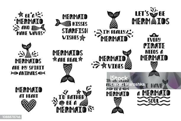 Bundle Of Mermaids Cards Handwritten Inspirational Quotes About Summer Stock Illustration - Download Image Now