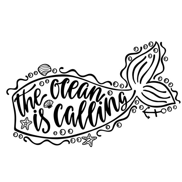 The ocean is calling. Hand drawn inspiration quote about summer with mermaid tail silhouette. The ocean is calling. Hand drawn inspiration quote about summer with mermaid tail silhouette. Typography design for print, poster, invitation, t-shirt. Vector illustration isolated on white background cursive letters tattoos silhouette stock illustrations