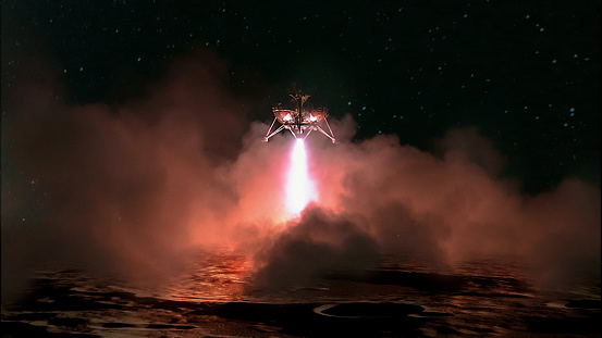 Planetary lander vertical takeoff or landing on the marthian surface among red smoke clouds. The elements of this image furnished by NASA.