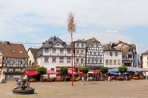 Linz am Rhein, Germany - May 31 2018: market square in Linz am Rhein with unidentified people. Linz am Rhein is a popular tourist attraction, well known for its beautiful half-timbered houses