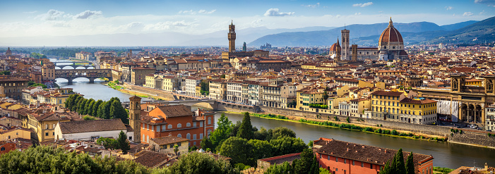 high resolution and Long exposure panoramic view of Florence Skyline at Sunset with ponte vecchio and Santa Maria del Fiore Duomo. Italy