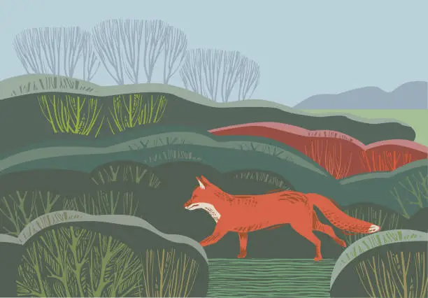 Vector illustration of Countryside scene with Fox