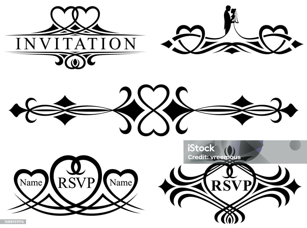 Ornate Wedding Invitation Header Scrolls Ornate decorative swirls and design elements ideal for wedding invitation headings. Single color. Isolated. Heart Shape stock vector