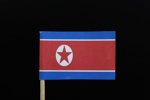 A unique and official flag of North Korea on toothpick on black background. A wide red stripe at the center, bordered by a narrow white stripe both above and below, followed by a blue stripe.