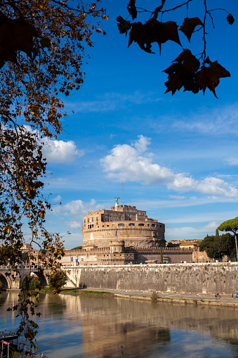 12 December 2018: View of Castel Sant'Angelo, Sant'Angelo bridge and Tiber River  the streets of Rome. Italy