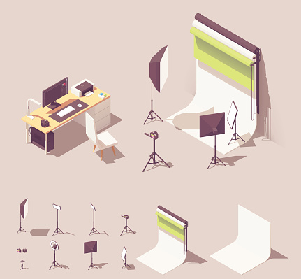 Vector isometric photo studio equipment. Includes lighting equipment, white and color backdrops, camera, tripod, photographer desk with computer and photo printer