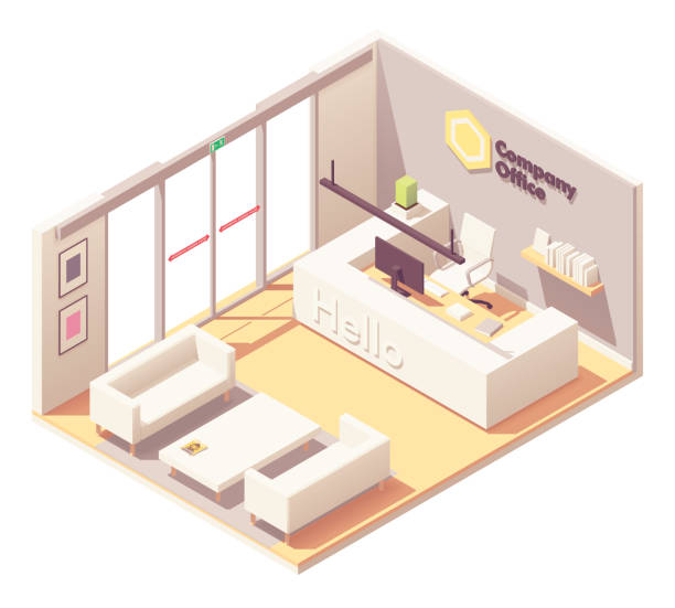 Vector isometric office reception Vector isometric office lobby front desk or reception desk interior. Automatic glass doors, reception counter with receptionist workplace, sofa and armchairs for visitors lobby office stock illustrations