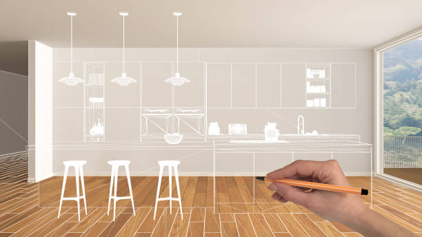 istock Empty white interior with parquet floor and big panoramic window, hand drawing custom architecture design, white ink sketch, blueprint showing modern kitchen 1088947218