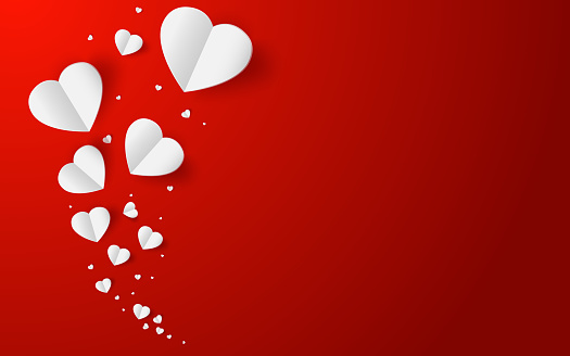 Abstract flying red and white hearts on red background. Valentines day concept