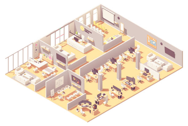 Vector isometric office interior Vector isometric corporate office interior. Reception, conference room, presentation room, executive or CEO office, other workplaces with computers, office equipment and recreation area corporate office cubicle stock illustrations