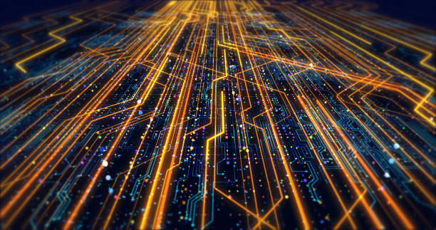 render futuriste circuit imprimé avec effets bokeh - cloud computer equipment using computer security photos et images de collection