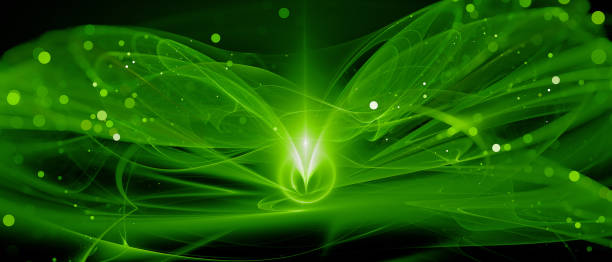 verte brillant nouvelle technologie dans l’espace lointain - fiber optic technology abstract green photos et images de collection