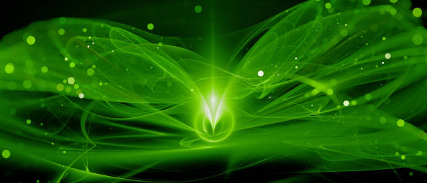 깊은 공간에 녹색 빛나는 새로운 기술 - fiber optic technology abstract green 뉴스 사진 이미지