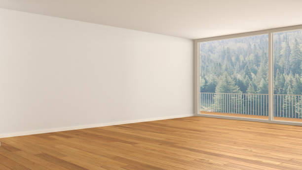 istock Empty room interior design, open space with big panoramic window, balcony on green meadow with trees, parquet wooden floor, modern contemporary architecture 1088952432