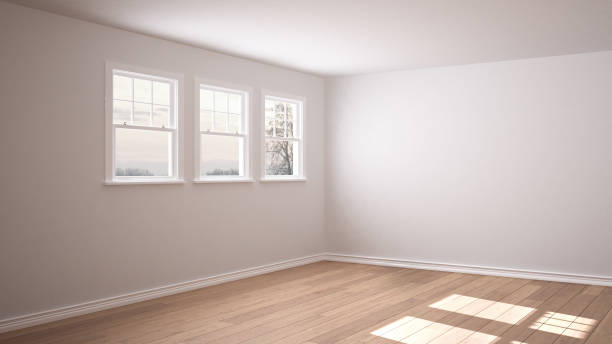 istock Empty room interior design, open space with three panoramic windows, parquet wooden floor, modern contemporary architecture 1088952450