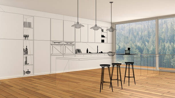 istock Empty white interior with parquet floor and big panoramic window, custom architecture design project, black ink sketch, blueprint showing modern kitchen 1088952566