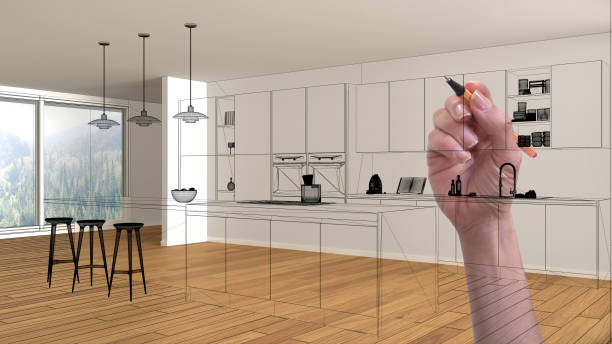istock Empty white interior with parquet floor and big panoramic window, hand drawing custom architecture design, black ink sketch, blueprint showing modern kitchen 1088952582