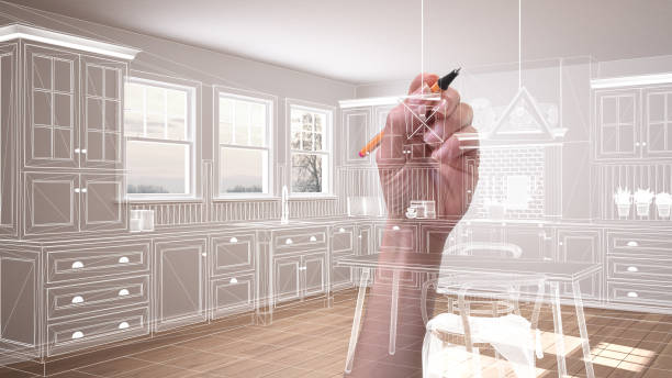 Empty white interior with parquet floor and three panoramic windows, hand drawing custom architecture design, white ink sketch, blueprint showing classic kitchen Empty white interior with parquet floor and three panoramic windows, hand drawing custom architecture design, white ink sketch, blueprint showing classic kitchen renovation stock pictures, royalty-free photos & images