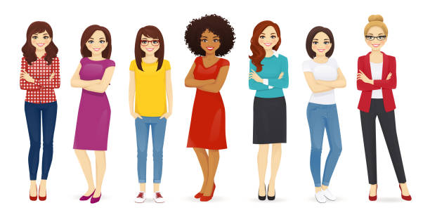 Women set Collection of cute women dressed in different clothing. Female characters set vector illustration females illustrations stock illustrations
