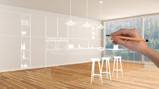 istock Empty white interior with parquet floor and big panoramic window, hand drawing custom architecture design, white ink sketch, blueprint showing modern kitchen 1088953442