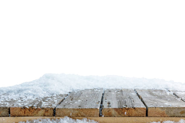 striped wooden rustic material covered with snow on white