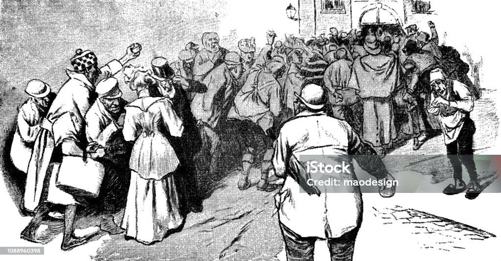 Queue in front of the pub - 1896 Cartoon stock illustration