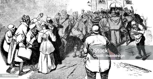 Queue In Front Of The Pub 1896 Stock Illustration - Download Image Now - Cartoon, City Street, Confusion