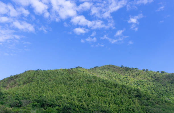 bright green mountain against blue sky with copy space on sky stock photo