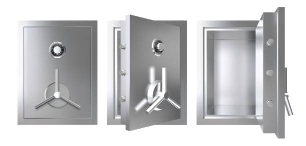 istock Realistic metal safe with opened and closed door. Armored box vector illustration. 1088964138