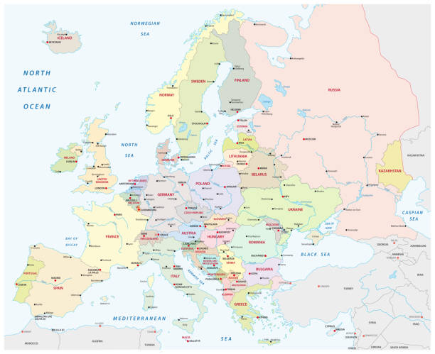 szczegółowa kolorowa mapa europy ze wszystkimi ważnymi elementami - bulgaria map balkans cartography stock illustrations