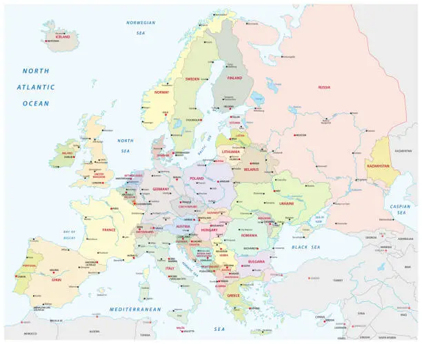 Vector illustration of detailed colored europe map with all important elements