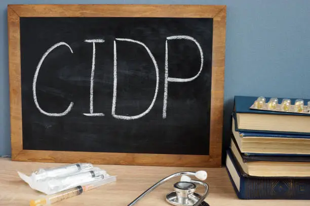 Photo of CIDP Chronic Inflammatory Demyelinating Polyneuropathy handwritten on a blackboard.