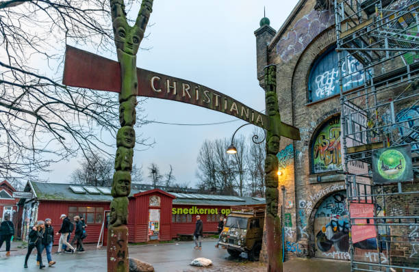 Sign at entrance of Freetown Christiania district in Copenhagen, Denmark stock photo