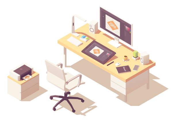 nơi làm việc thiết kế đồ họa isometric vector - office cubicle hình minh họa sẵn có