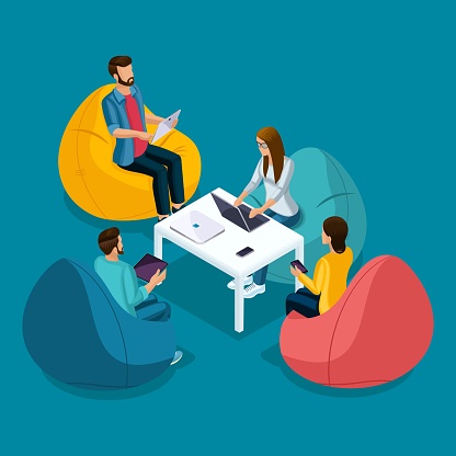 Trendy Isometric people and gadgets, 3D teenagers, students, small group of people using hi tech technology, freelancers, working, chatting, online rewritten isolated.