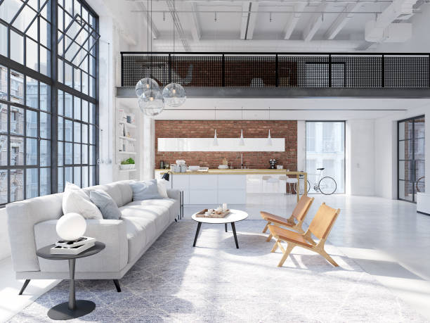 Apartamento loft moderno de la ciudad. Render 3D - foto de stock