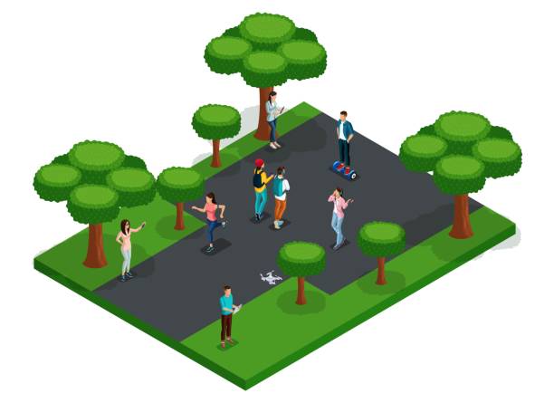 istock Trendy People Isometric vector 3D teenagers, young people, students, freelancers, walk, run, use the gadgets, playing in the park, osfalte, trees 1088981494