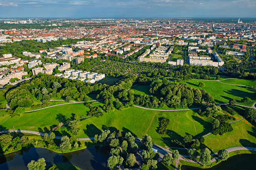 Aerial view of Olympiapark . Munich, Bavaria, Germany