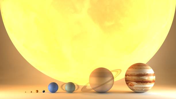 Solar system planets diameter sizes. Ratio of magnitudes. Elements of this image are furnished by NASA. 3d rendering. https://www.solarsystemscope.com/textures/