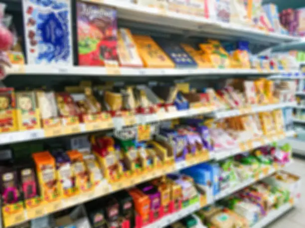 Photo of Blurred abstract image. Goods on the shelf of a grocery store. Chocolate and chocolates in boxes