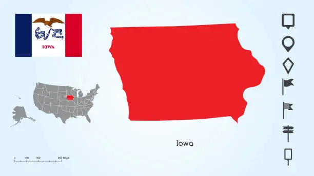 Vector illustration of Map of The United States with the Selected State of Iowa And Iowa Flag with Locator Collection