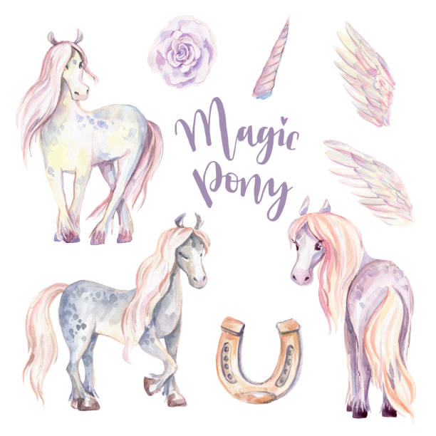 Magic Pony, Pegasus, Unicorn set. Watercolor illustration Magic Pony, Pegasus, Unicorn set. Watercolor illustration, beautiful isolated little horse with flowers, wings, horn. Romantic pastel colors pony wings stock illustrations